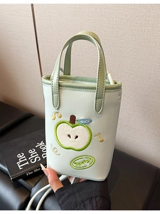 Chic light green apple-themed mini bucket bag with embroidery and adjustable strap