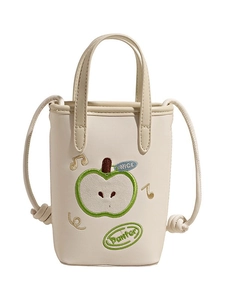 Creamy white mini apple handbag with green embroidery and top handle shoulder strap