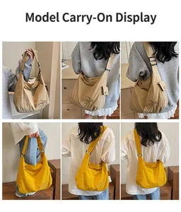 Viste multiple delle borse messenger in nylon kaki e giallo con tracolla regolabile