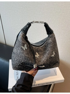 Sac Bandoulière Femme Y2K Texture Denim Cuir PU Décor Papillon Métal Rétro Sac Sous le Bras Strass Sac à Épaule Mode Quotidienne Main
