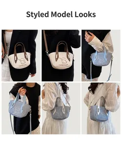 Detail showing various perspectives of the mini denim tote bag with puppy embroidery