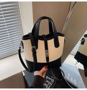 Detail of lychee textured cream and black contrast handbag with silver metal twist lock