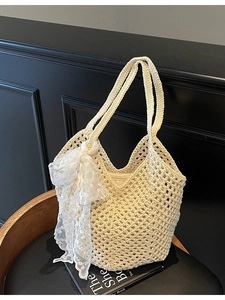 Sac Cabas Tissé Bohème pour Femmes Sac à Épaule Ajouré au Crochet Grande Capacité Nœud en Dentelle Vacances Plage Sac à Main