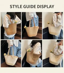 Gros plan détaillé du motif de tissage en dentelle sur un grand sac cabas en paille