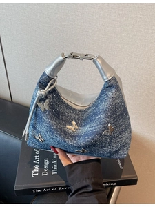 Y2K Denim Look PU Butterfly Shoulder Bag For Women Fashion Bow Knot Dumpling Handbag Trendy Crossbody Underarm Bag