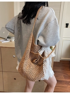 Sac cabas tissé ajouré avec dentelle pour femme, grand sac à épaule de style décontracté