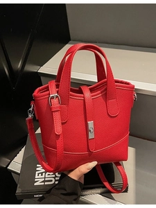 Women Fashion PU Leather Bucket Bag Large Capacity Lychee Texture Crossbody Shoulder Bag With Metal Lock Contrast Color Handbag