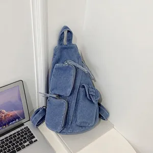 Damen Retro Denim Brusttasche Große Kapazität Multi-Tasche Umhängetasche Streetwear Wasch Denim Sling Tasche Für Mädchen Alltag