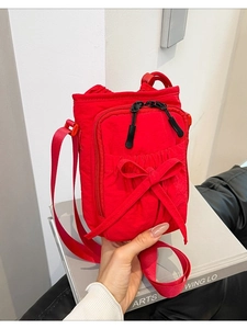 Women Mini Nylon Crossbody Bag Simple Bow Decor Drawstring Phone Pouch Casual Versatile Small Square Shoulder Bag