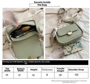 Tableau des tailles détaillé pour sac selle vert clair avec poignée en foulard chic