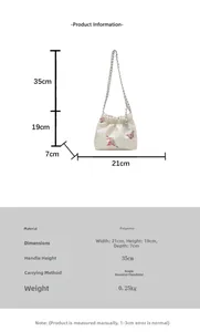 Detail view of floral canvas bag with dimensions and polyester material specs