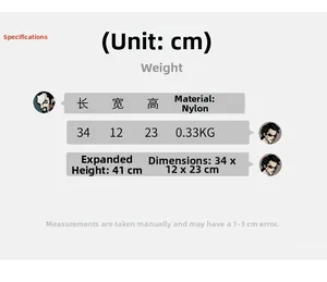 Size chart for the nylon pleated shoulder bag showing dimensions 34x12x23cm and weight
