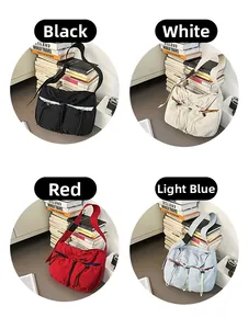 Collage of pleated shoulder bags in black, white, red, and blue with adjustable straps