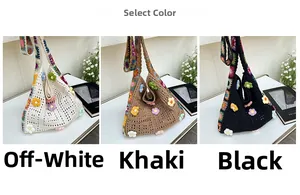 Detailansicht handgefertigter Häkel-Schultertaschen mit Blumenakzenten in drei Farben