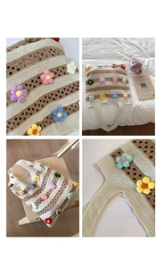 Vues détaillées du sac cabas tissé à la main avec fleurs 3D colorées et motifs rayés