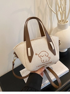 Women Cartoon Dog Embroidered PU Leather Bucket Bag Contrast Color Large Capacity Shoulder Tote Shopping Handbag Daily