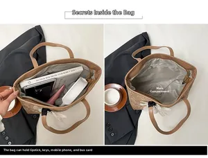 Detail view of large capacity tote bag interior with zipper pocket and daily essentials
