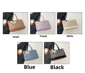 Five elegant lace tote bags in khaki, purple, white, blue and black with bow details