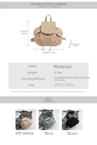 Detailed chart showing small canvas backpack dimensions, 0.23kg weight, and color options