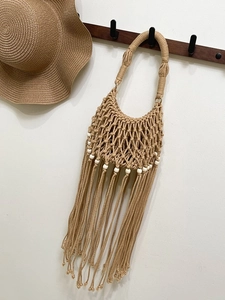Bohemian Woven Tassel Handbag For Women Handmade Cotton Rope Bucket Bag With Wooden Beads Casual Summer Beach Vacation Tote