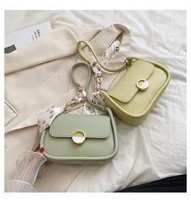 Détails des sacs selle vert clair et beige avec ruban en soie et boucles en métal