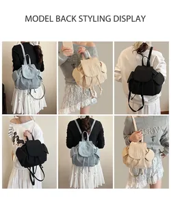 Detailed views of stylish canvas backpacks in blue, beige, and black for daily use