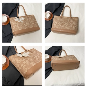 Detailed views of a brown tote bag featuring floral embroidery and protective metal base studs