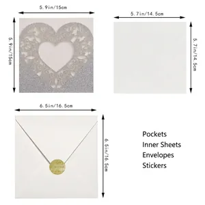 Laser cut glitter heart invitation card set with envelope and blank inner paper