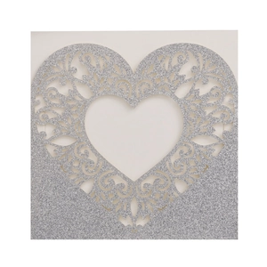 Silver glitter laser cut invitation cover with elegant floral patterns and heart window
