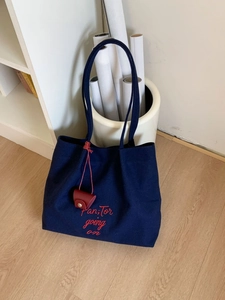 Women Large Capacity Canvas Tote Bag Embroidered Letter Pattern Casual Shoulder Bag For Daily Travel Work Handbag With Charm