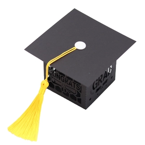 Black graduation cap favor box with yellow tassel and congrats grad hollow design