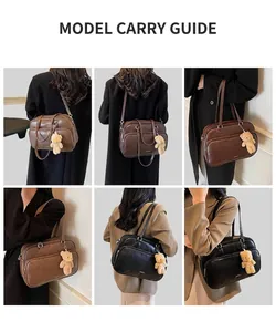 Multiple views of a vintage boston pillow bag in coffee and brown with a bear charm