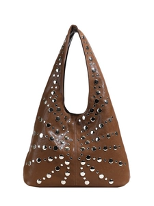 Brown leather hobo shoulder bag with silver rivet studs in a gothic commuter style