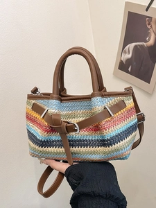 Women Woven Straw Tote Bag PU Leather Trim Striped Beach Crossbody Bag Vacation Summer Casual Small Handbag Shoulder Bag
