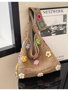 Handgehäkelte Blumen Tote Bag Für Damen Bohemian Strick Schultertasche Große Kapazität Hohle Gewebte Sommer Strandbeutel