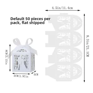 Flat-lay and assembled view of white laser-cut wedding favor boxes with ribbon dimensions
