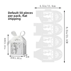 Flat-lay and 3D view of laser-cut white wedding candy boxes with 5x5x8cm size specs