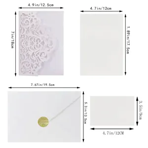 Detailed size chart for laser-cut wedding invitation set including envelopes and cards