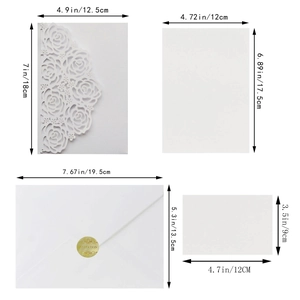 Detailed components of laser cut rose invitation set with dimensions and wax seal