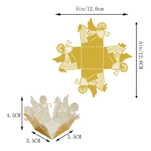 Detail view of laser-cut angel candy box with dimensions and 3D assembly effect