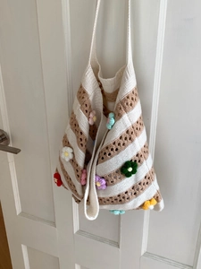 Handmade Knitted Canvas Striped Tote Bag With 3D Crochet Flowers Large Capacity Hollow Shoulder Beach Bag For Women Casual Daily