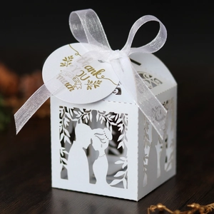 Boîte À Bonbons De Mariage Découpée Au Laser Silhouette Mariés Papier Perlé Avec Ruban Et Étiquette De Merci Cadeau Invité