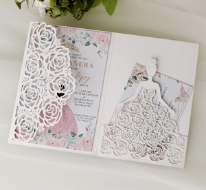 Detail showing laser-cut rose hollow cover with floral printed inner page and dress card
