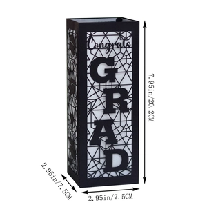 Detailed dimensions of black hollowed Congrats Grad paper lantern with geometric patterns
