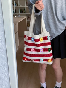 Handmade red and white striped knit tote bag with vibrant 3D floral accents for women