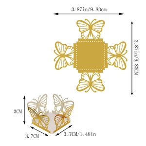 Laser-cut silver butterfly candy box with detailed dimensions and flat layout view