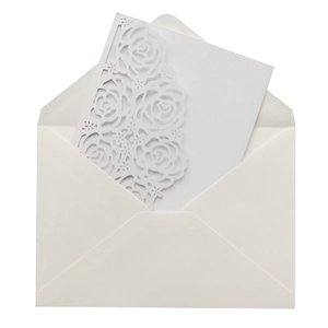 Detailed laser-cut rose pattern on premium white paper wedding invitation and envelope