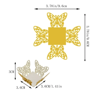 Detailed size chart for laser-cut butterfly wedding favor box in gold finish
