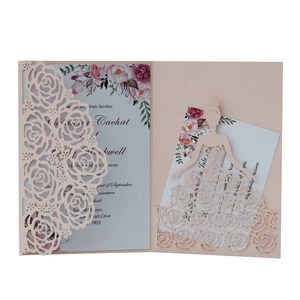 Laser cut invitation card with rose hollow design and pink floral ballet dancer motif