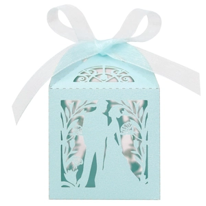 Detailed laser-cut wedding favor box in light blue with white silk ribbon and floral silhouette